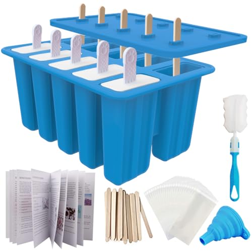 Image of 10-Cav Popsicle Molds, Silicone Ice Pop Mold for DIY Frozen Treats | with 10 Reusable Sticks, 50 Wooden Sticks, 50 Storage Bags, Funnel, Brush, Recipe, Make Healthy Pops, Smoothies, Juice