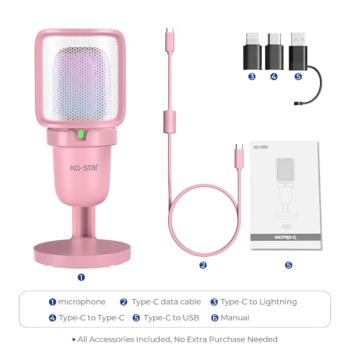 Image of Ko-Star RGB USB Microphone, Pink Gaming Mic for PC, PS5, Laptop, Phone, Condenser Mic with Touch Mute, Pop Filter, Cardioid Pickup, Plug & Play for Streaming, Podcast, Recording, Gaming