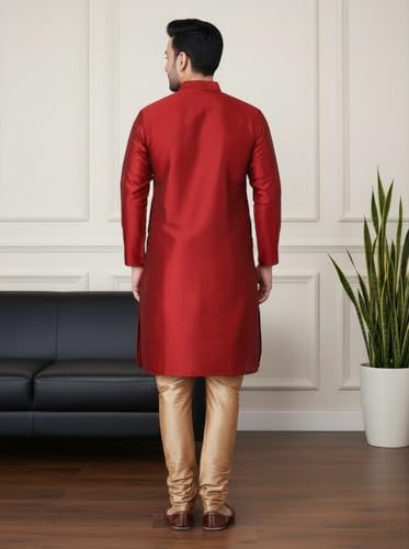 Image of Sadree Men's Silk Blend Mandrin Collor Full Sleeve Knee Length Indian Kurta Chudidar Pyjama Set