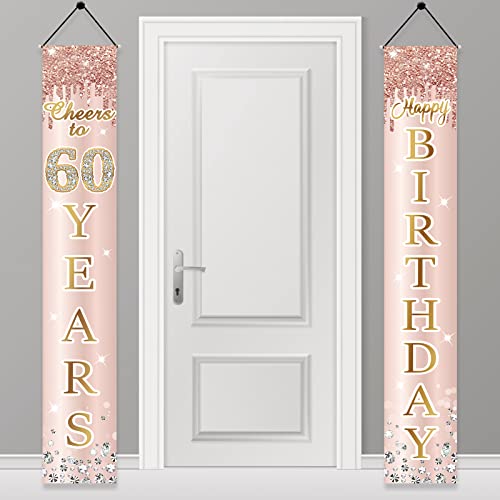 Image of 60th Birthday Decorations Door Banner for Women, Pink Rose Gold Cheers to 60 Years Birthday Backdrop Sign Party Supplies, Happy Sixty Birthday Porch Decor for Outdoor Indoor