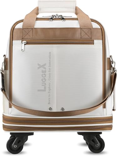 LUGGEX Foldable Suitcase with Wheels, Lightweight Carry on Luggage Bag Extend to 21 inch, White Brown