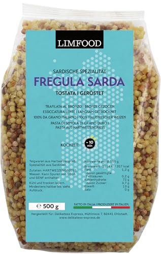 Limfood | 500g Fregola Sarda Pasta, Kugelpasta Tostada, Fregula Sarda fein, geröstet, sardische Nudeln Pasta-Spezialität, trafilata al bronzo (Kugelpasta Tostada)