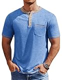 COOFANDY Mens Short Sleeve Henley Shirt with Pockets Henley Tshirt Casual Button Henley Pullover T-Shirt Basic Banded Collar Shirts Blue
