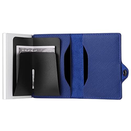 Womens Slim Wallet for Small Purses, Pop Up Wallet with Anti Theft RFID Blocking Credit Card Holder for Women in Navy Blue PU Saffiano4