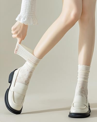 Image of Womens Lace Ankle Socks Mesh Lace Loose Socks Cute Casual Solid Color Princess Socks Sheer Dress Socks 6 Pairs 4-9