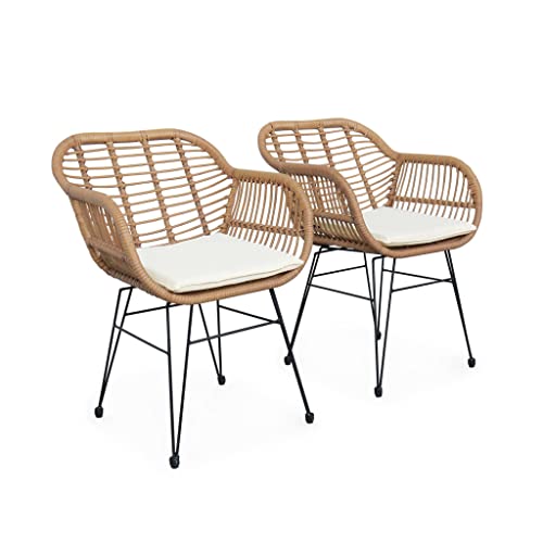 Alice's Garden - Lot de Deux fauteuils Effet Bambou - résine et métal Noir. Style Colonial. Assise Beige