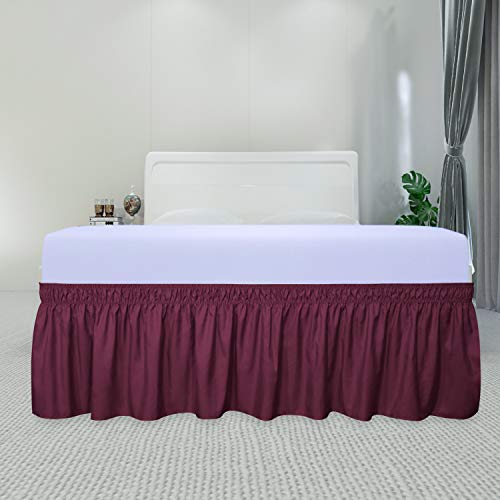 PureFit Wrap Around Ruffled Bed Skirt with Adjustable Elastic Belt - 22 Inch Drop Easy to Put On, Wrinkle Free Bedskirt Dust Ruffles, Bed Frame Cover for Twin,Twin XL and Full Size Beds, Wine