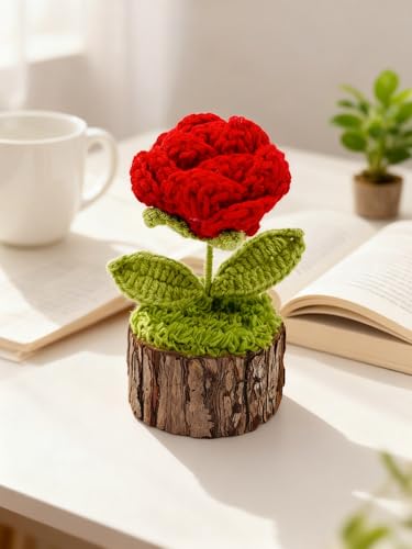 Andvon Crochet Red Rose Flowers Bouquet for Women Office Desk Decor