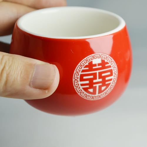 Image of Chinese Wedding Tea cup 5oz Porcelain Teacup Red Cups Round Glaze Carving Double Xi for Tea Ceremony Wedding Party Home Decor (Double happiness cups 2pcs)