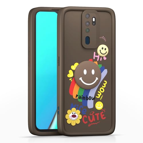 Image of Pikkme Back Cover for Oppo A5 2020 / A9 2020 | Soft Silicone| Cute Rainbow Smile & 3D Cartoon Flower Design | Shockproof Raised Camera Protection Bumper Case (Brown)