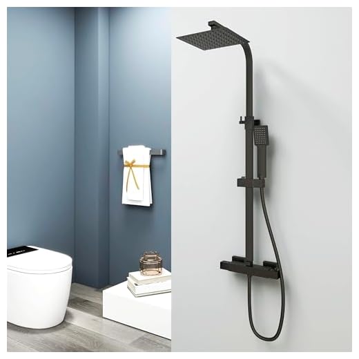 Aica Sanitarios Columna de Ducha Termostática Negro Mate con Cuadrados 38℃, Barra Regulable 800-1200mm y Alcachofa de Ducha para Baño, Ducha Lluvia