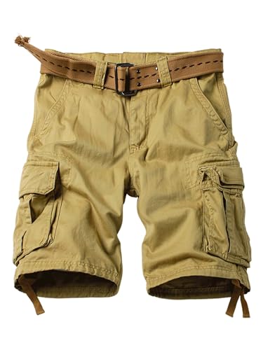 AKHIKING Camo Cargo Shorts for Men Cotton Casual Wild Outdoor Work Relaxed Fit Shorts with Multi-Pocket Khaki 36