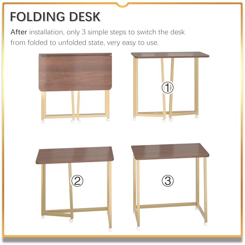 Image of 4NM 23.6 inch Mobile Small Folding Desk, Foldable Rolling Computer Home Office Desk, Study Writing Table for Small Space Saving Bedroom, with Wheels - Brown and Gold
