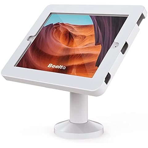 Beelta Kiosk Tablet Stand for 10.2 inch iPad 7th/8th Genetation, Business Desktop POS iPad Stand, Anti Theft Retail Countertop iPad Stand, Tilting 180° for Store Cashier, Metal, White Cover