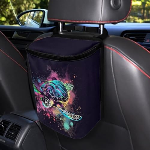 Image of Talayituse Paint Splatter Turtle Print Car Trash Can with Lid, Leak Proof Auto Trash Bag Hanging Vehicle Garbage Can Multipurpose Storage Container for Back Seat Road Trip