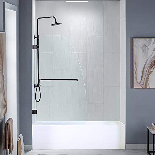 Woodbridge MTDB3458-MBL Frameless Hinged Bathtub Shower 5/16 Tempered Panel 34 W x 58 H Tub Glass Door in Matte Black Finish Include Towel Bar