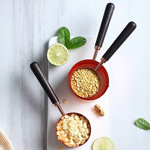 4-Piece Rose Gold Copper Stainless Steel Measuring Scoop with Capacity Scale, 250/125/80/60ml, Walnut Handle, Dry Liquid Ingredients Sugar Salt Tea Sampling Measuring Cups for Kitchen Baking Cooking