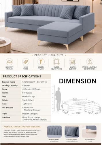 Image of AMATA Falcon ele 4 Seater Fabric Suede Velvet Light Grey Colour Sofa Set with Two Cushions Perfect for Home Office Guests Living Room (Falcon Light Grey 01, Falcon 4 Seater l Shape)(3 Year Warranty)