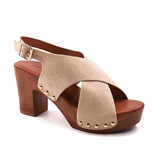 Angkorly - Damskor träskor – höga klackar – platåskor – öppna – nitar – tjocka remmar – träeffekt blockhäl hög klack 8 cm, - Beige - 39 EU