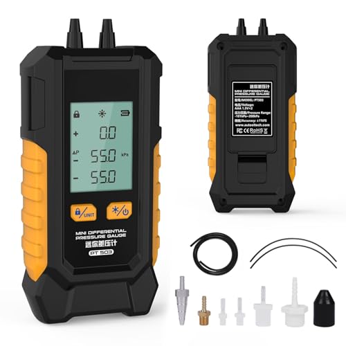 Manometer, Dual-Port Manometer HVAC Gas Pressure Tester with 7 Adapters, 6 Units Switch, Data Hold &amp; Backlit Display Screen, -100 to 200 kPa, Portable Design, PT503