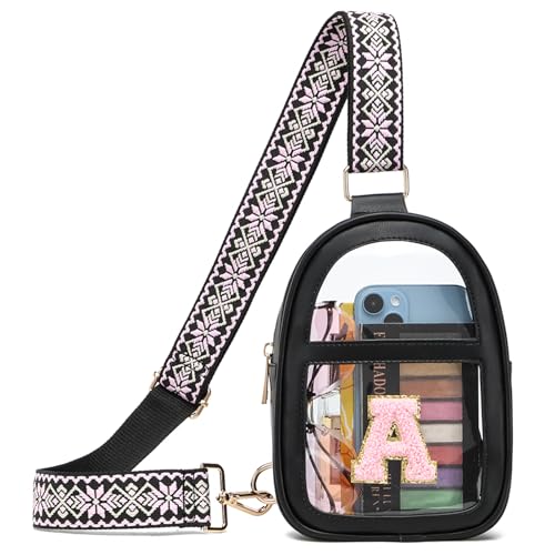 Clear Crossbody Bag for Stadium Events, Concerts, Sports Festivals | Women's Purse With Chenille Initial A Patch, Black