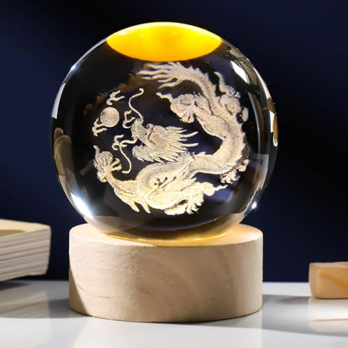 Image of Arikyrist 3D Dragon Figurines Crystal Ball with Wooden Base, 3D Laser Engraved Dragon Statue Decorative Glass Balls Paperweight Crystal Chinese Dragon Figurines Decor Gifts for Women