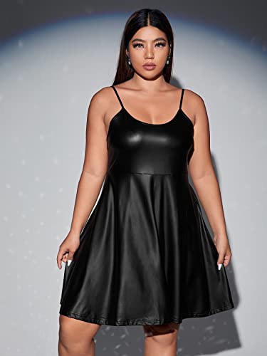 WDIRARA Women's Plus Size Spaghetti Strap Pu Leather Flared Hem A Line Cami Dress4