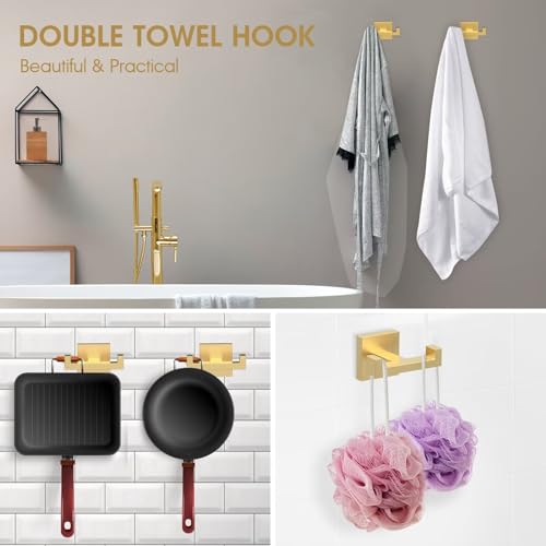 Foto de BOZWELL Ganchos dobles para toallas para baño, montaje en pared dorado cepillado, estilo cuadrado simple y moderno, gancho para bata, colgador de puerta de acero inoxidable resistente para baño (imagen 3)