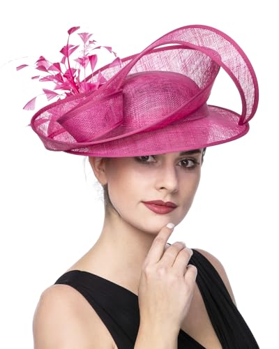 SAFERIN Fascinators Hat Flower Mesh Ribbons Feathers on a Headband and a Clip Tea Party Headwear for Girls and Women (Polyester, ST54-Fuchsia)