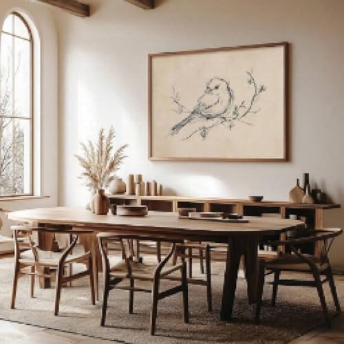 Croquis d'oiseau vintage 60x80cm | Affiche minimaliste de printemps beige sans cadre