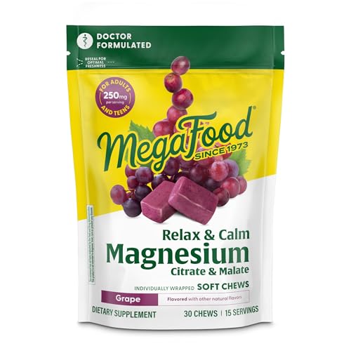 Image of MegaFood Relax + Calm Magnesium Supplement - Soft Chews with Magnesium Citrate & Malate for Heart Health, Muscle Tension & More - Vegetarian - Grape-Flavor - 30 Chews (15 Servings)
