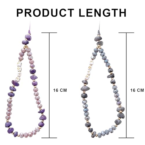 SZXYCZL 2PCS Beaded Phone Charm Cute LOVE and Lucky Crystal Marble Beaded,Elegant-simple-stylish Anti Lost Phone Chain Strap for Women Girls-Purple Grey