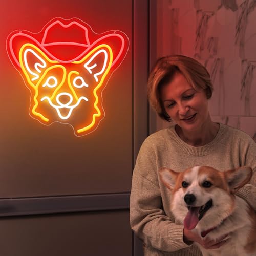 Image of Corgi Neon Signs for Wall Decor, Cute Dog Neon Sign Dimmable Cowboy Hat Neon Light Sign for Pet Shop Bedroom Party Decor, Animal LED Light Up Sign for Birthday Gifts Boys Girls