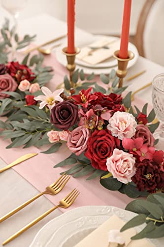 Yyhuawu 6Ft Artificial Eucalyptus Garland With Flowers,Wedding Table Willow Leaf Rose Garland Mantle Decor Handcrafted Diy Dinner Centerpieces For Party Bridal Shower Reception Table Decoration #TOP3