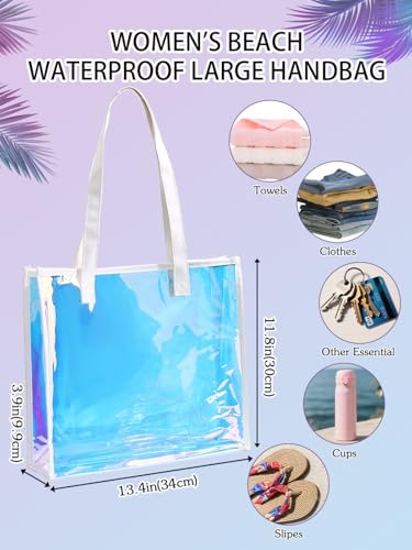Woeoe Holographic Clear Tote Bag with Leather Handle Iridescent Beach Totes Shoulder Handbag for Women Summer Pool Party4