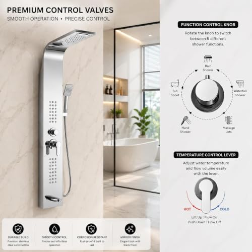 Image of Shower Panel Thermostate Stainless Steel 5 in One, Tower System, Rainfall Shower, Body Massage Spray, 3 Function Hand Shower (Chrome)