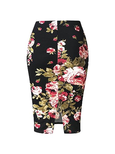 SSOULM Women's Work Office Stretchy Fitted Midi Pencil Skirt with FLORALBLACK Slit and Plus SizeFLORALBLACK 1X3