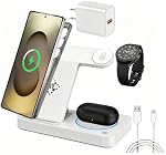 3 in 1 Charging Station for Samsung Android: Wireless Phone and Watch Charger for Galaxy S25 Ultra/S24/S23/Z Fold, Wireless Charger Stand for Galaxy Watch 9/8/7/6/5 Earbuds 3/2/Pro (White)