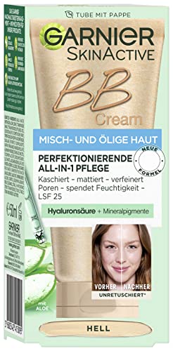 Garnier SkinActive BB Cream - Crema de día todo en 1 con ácido hialurónico y aloe vera, para pieles mixtas y grasas, SPF 25, brillante, 50 ml