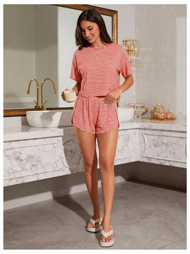 Image of OYOANGLE Womens Pajama Sets 2 Piece Sexy Lounge Sets Summer Cute Pjs Striped Print Tee and Side Split Shorts Set