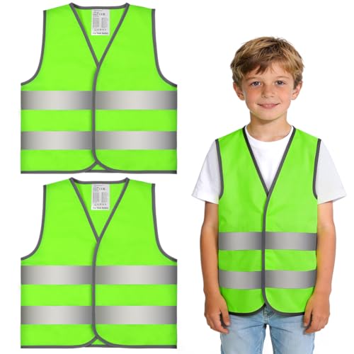 AYBUY Gilet de Haute Visibilité pour Enfants, 2 Pièces Gilet Fluorescent de Sécurité, Gilets de Signalisation Haute Visibilité Bandes Parallèles (L, Vert...