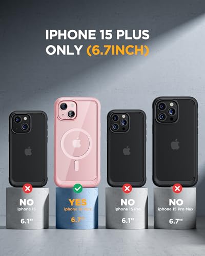 Image of Miracase Magnetic for iPhone 15 Plus Case 6.7'' [Compatible with Magsafe] Full-Body Military Drop Proof 15 Plus Phone Case Cover with Built-in 9H Tempered Glass Screen Protector,Magnetic Pink