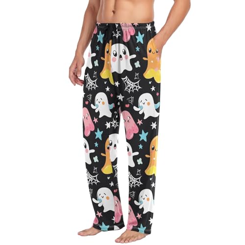 Men’s Halloween Cartoon Ghosts Pajama Pants with Pockets, Comfortable Lounge Sleep Bottoms#1814