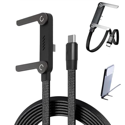 JKFBHGJL 240W Braided Fast Charging Cable 5 FT,with Built-in Phone Stand,Sideways Phone Charger,USB C to USB C Cable,90-Degree Foldable USB-C Cable,for Smartphones Tablets