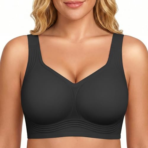 KeepMyself Women Supportive Wireless Bra Push Up Full Coverage Seamless Bra Comfortable No Underwire Everyday Bra with Padded Black 2X