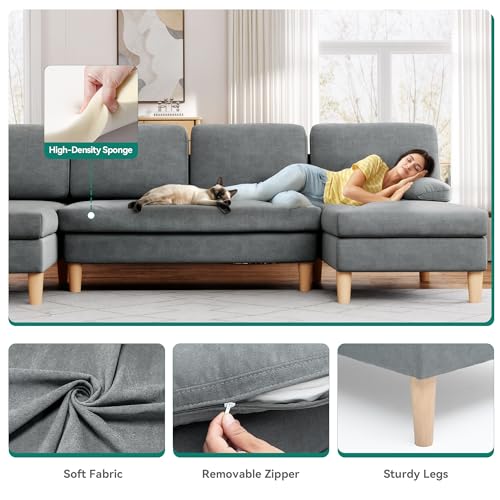 DWVO 109'' U-Shape Sectional Sofa, 4-Seater Sofa with Double Chaise, Storage Armrests & Cup Holder, Thick Cushions, Durable Wood Frame for Living Room, Apartment, Office, Light Gray