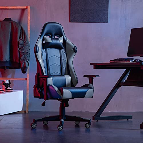Sedia da Gaming, Ergonomica Sedia da Ufficio, Sedile Sport di Lusso Sedia Gamer, Reclinabile con Braccioli e Poggiatesta Cuscino Lombare, Sedia PC (Grigio) - Sedia gaming - Immagine 1