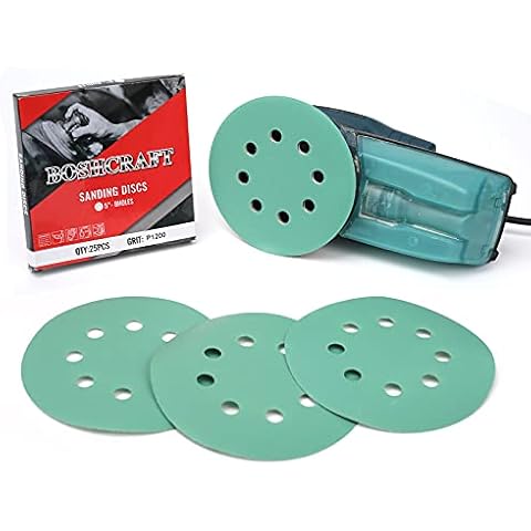BOSHCRAFT 25 Pcs Sanding Discs, 1200 Grit Wet & Dry Orbital Sander Sandpaper 5 Inch Sanding Disc Hook and Loop 8 Holes Sandpaper with Green Film-Backed for Automotive Wood Metal Orbital Sander Plaster Cover