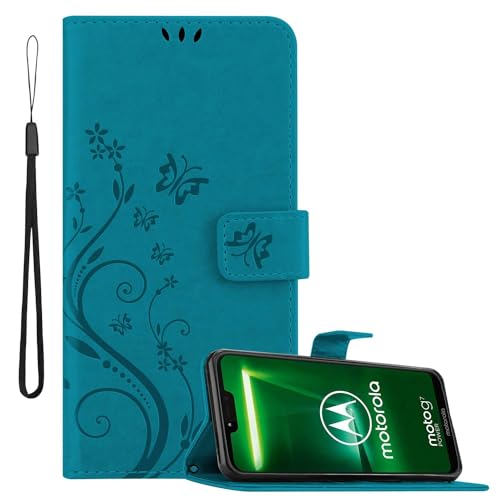 Cadorabo Hülle kompatibel mit Motorola Moto G7 Power Blumen Design aus Premium Kunst Leder Flip Klappbare Stoßfeste Magnetische [Standfunktion] [Kartenfächern] Cover Hülle Tasche in Blau