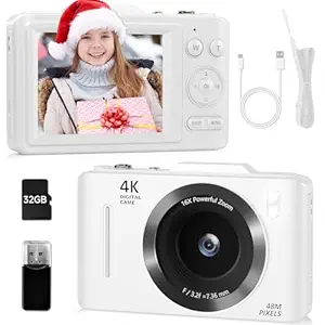 Digital Camera for Kids, FHD 4K 48MP Compact Point and Shoot Digital Cameras with 2.8 Inch IPS Screen, 16X Zoom, 32GB Card, Card Reader, Small Vintage Camera Gifts for Teens Girls Boys Students(White)